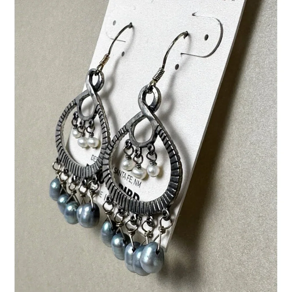Signed Peyote Bird Boho Chandelier Earrings Oxidized Silver Pearl Drops NWT - Picture 9 of 12